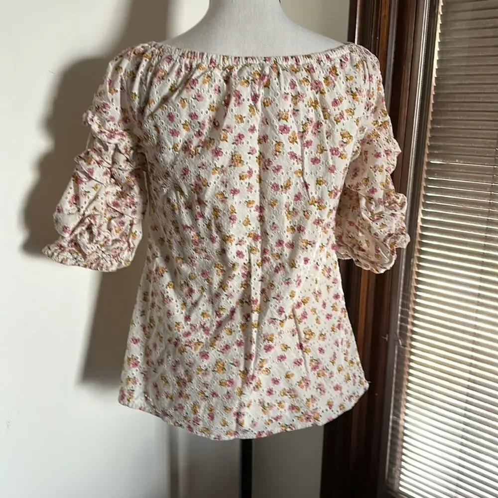CeCe | Floral Puff/Ruched Sleeve Blouse Size S